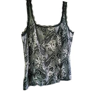WHBM Lace Trim Faux Boning Fitted Paisley, Rose Print Silver Black Tank Cami Lg